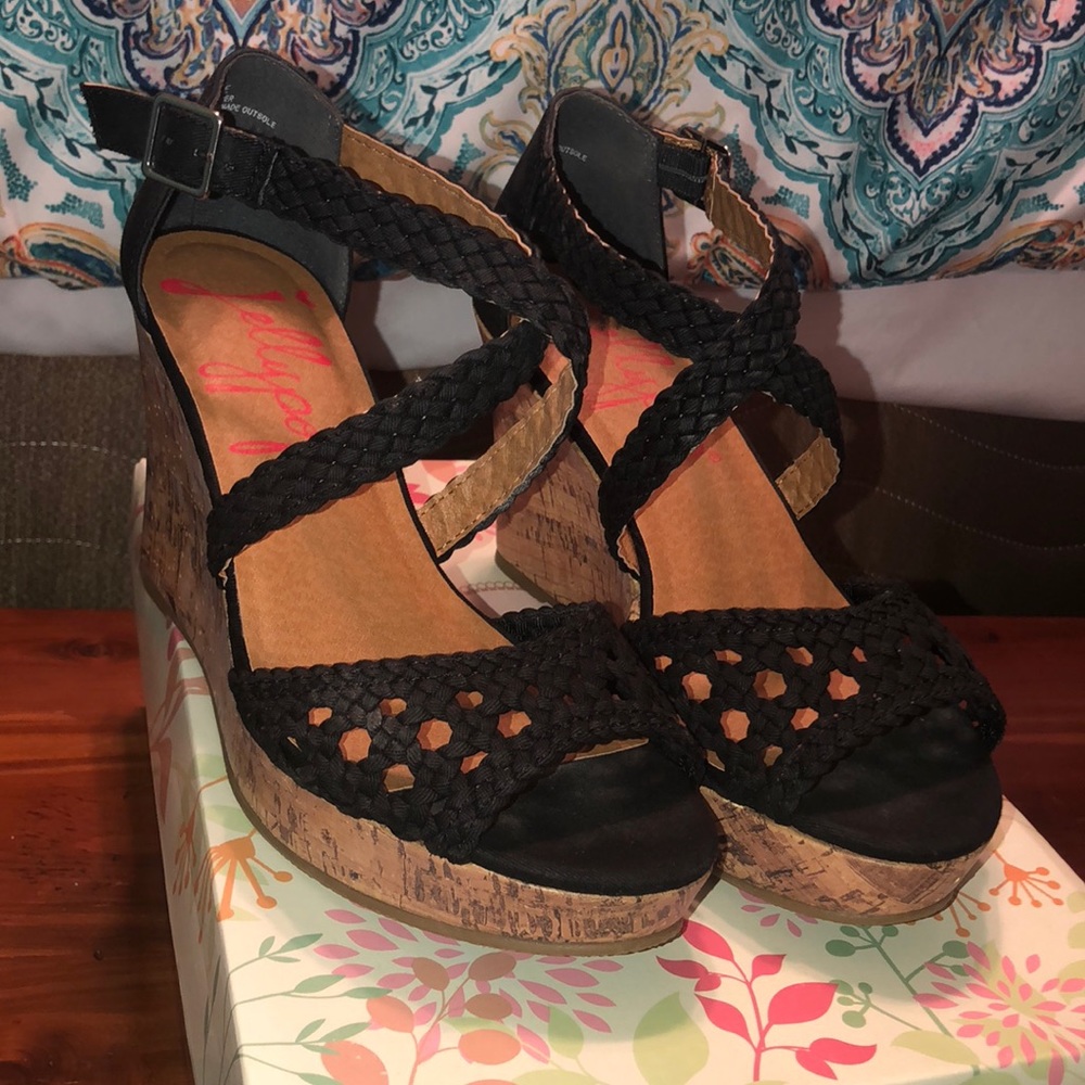 Jellypop Black Canvas Wedges